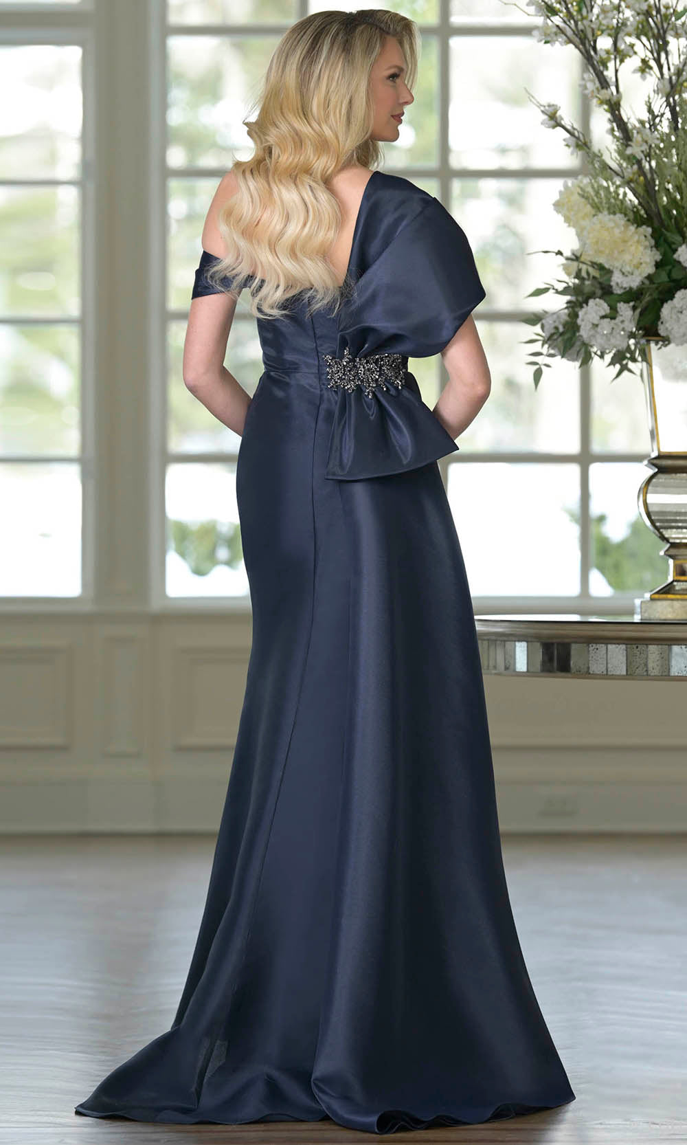 Marsoni by Colors MV1405 - Asymmetric Neck Draped Formal Dress - detail view