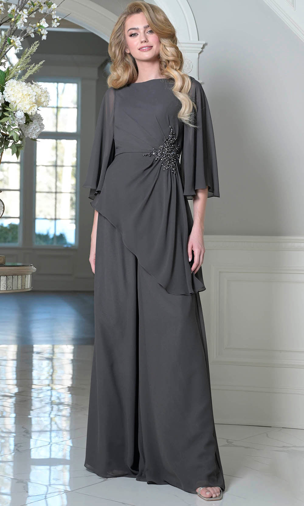 Marsoni by Colors MV1411 - Bateau Neck Beaded Accent Pantsuit - back view