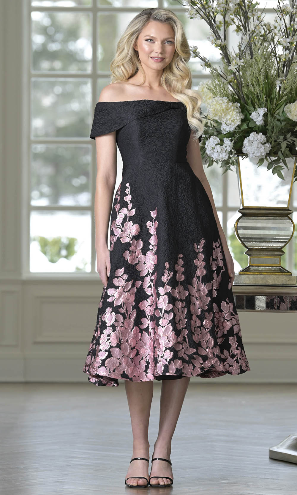 Marsoni by Colors MV1414 - Floral Skirt Off Shoulder Formal Dress - designer cocktail dress at Silhouette Dresses