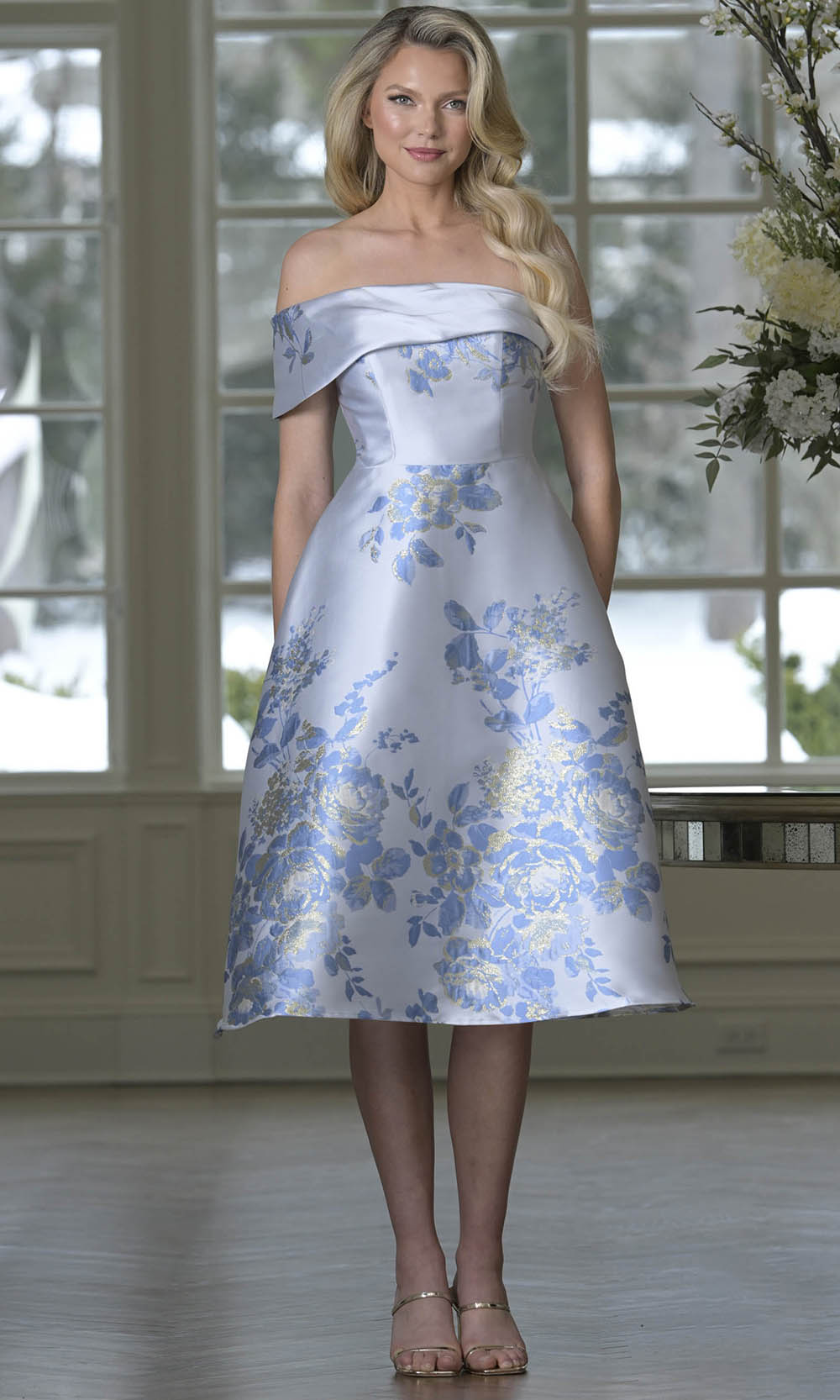 Marsoni by Colors MV1415 - Off Shoulder Tea-Length Floral Dress - back view