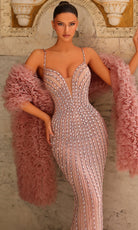 Chic and Holland PH120101 - V-Neck Linear Beaded Sheath Gown - detail view