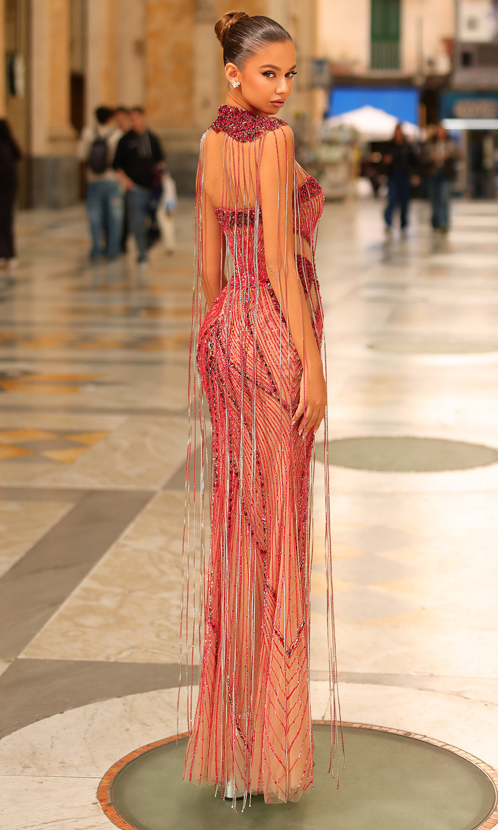 Chic and Holland PH120103 - Intricate Beaded High Neck Column Gown - back view