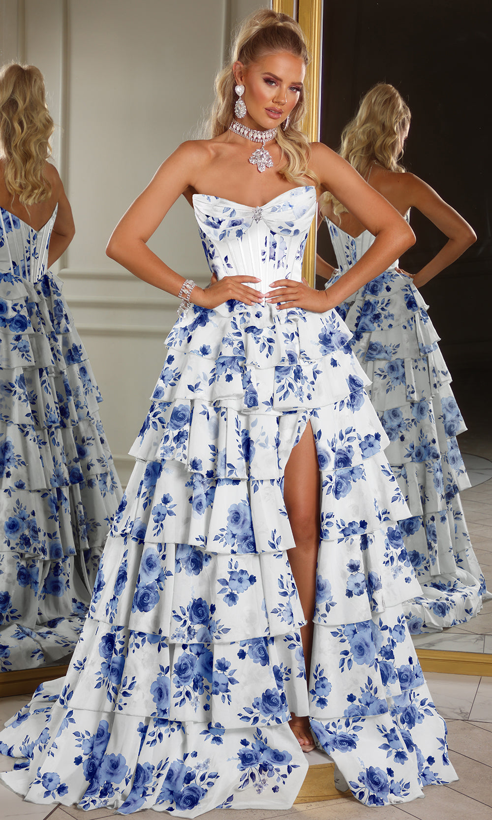 Portia and Scarlett PS25966 - Floral Print Tiered A-Line Gown - designer prom dress at Silhouette Dresses