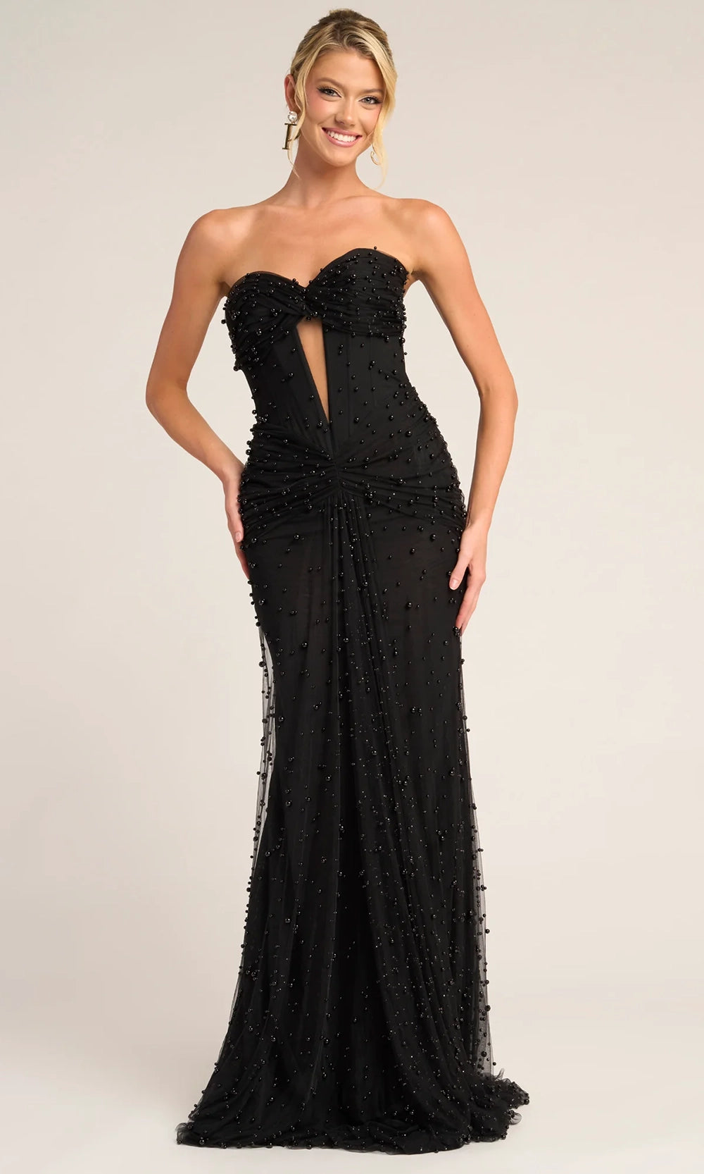 Portia and Scarlett PS26022 - Pearl Beaded Keyhole Ruched Dress - designer prom dress at Silhouette Dresses