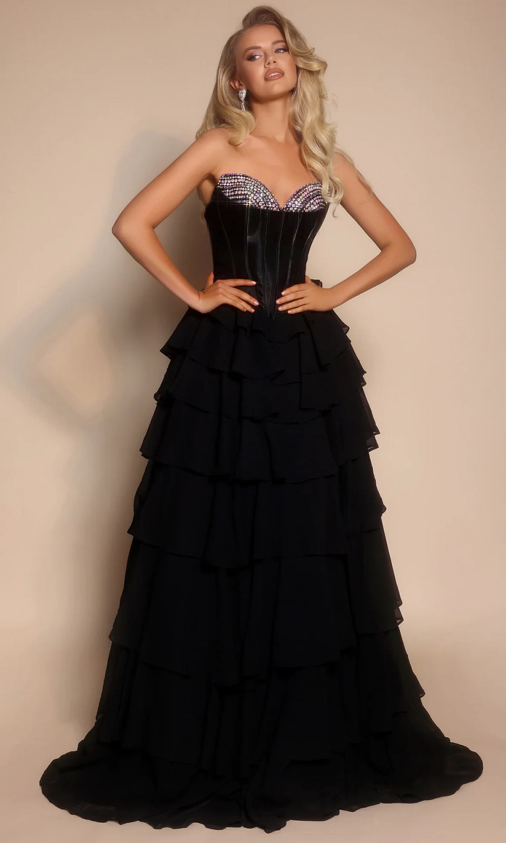 Portia and Scarlett PS26024 - Velvet Corset Bodice Tiered Dress - designer prom dress at Silhouette Dresses