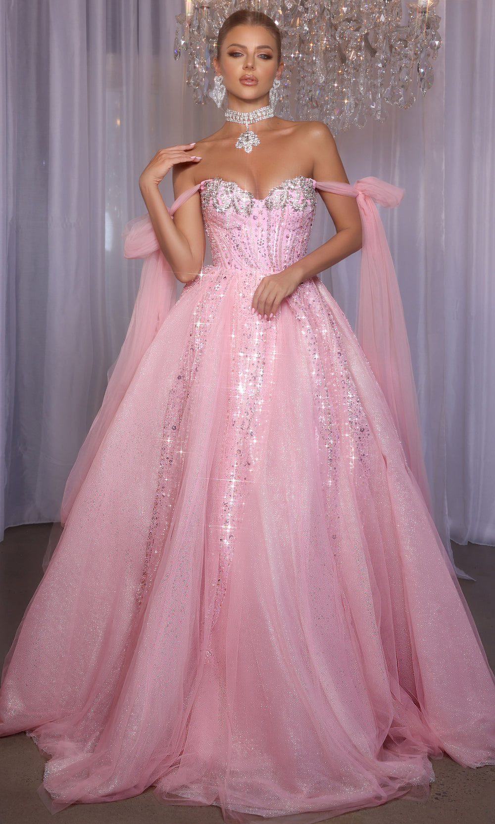 Portia and Scarlett PS26030 - Off Shoulder Beaded Mesh Ballgown - designer ball gown at Silhouette Dresses