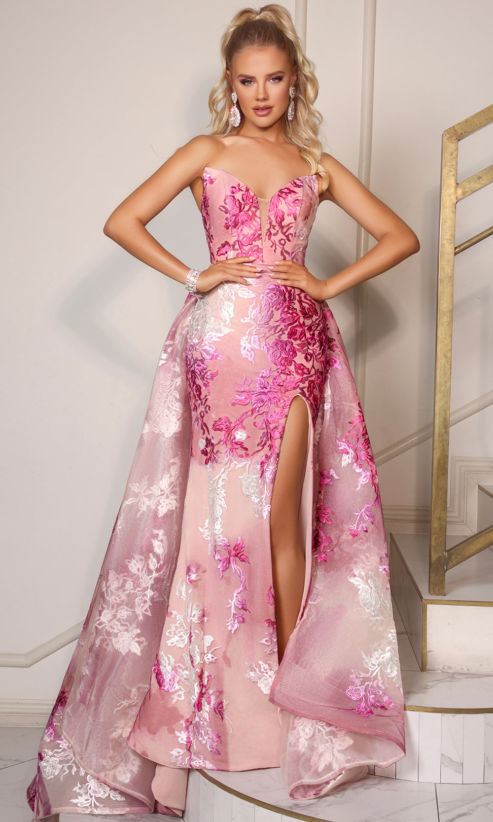 Portia and Scarlett PS26035 - Embroidered Slit Gown with Overskirt - back view