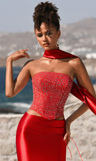 Portia and Scarlett PS26042 - Beaded Crop Top Sheath Dress With Scarf - view 8