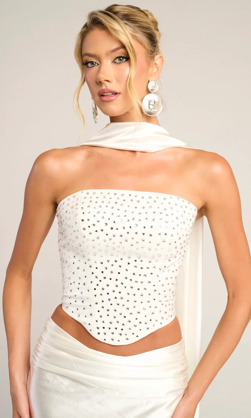 Portia and Scarlett PS26042 - Beaded Crop Top Sheath Dress With Scarf - view 10