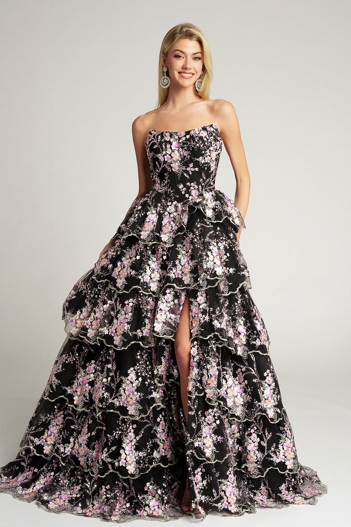 Portia and Scarlett PS26051 - Scoop Neck Floral Tiered Ballgown - view 6