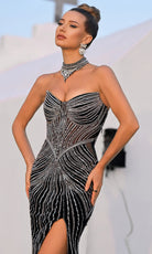 Portia and Scarlett PS26064 - Strapless Slit Gown With Linear Beading - detail view