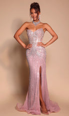 Portia and Scarlett PS26064 - Strapless Slit Gown With Linear Beading - view 8