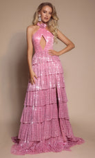 Portia and Scarlett PS26198 - Halter Tiered Gown With Front Keyhole - detail view