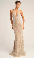 Portia and Scarlett PS26425C - Deep V Halter Geometric Beaded Gown - designer prom dress at Silhouette Dresses