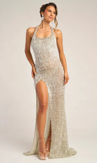 Portia and Scarlett PS26452C - Halter Fringe Beaded Prom Dress - detail view