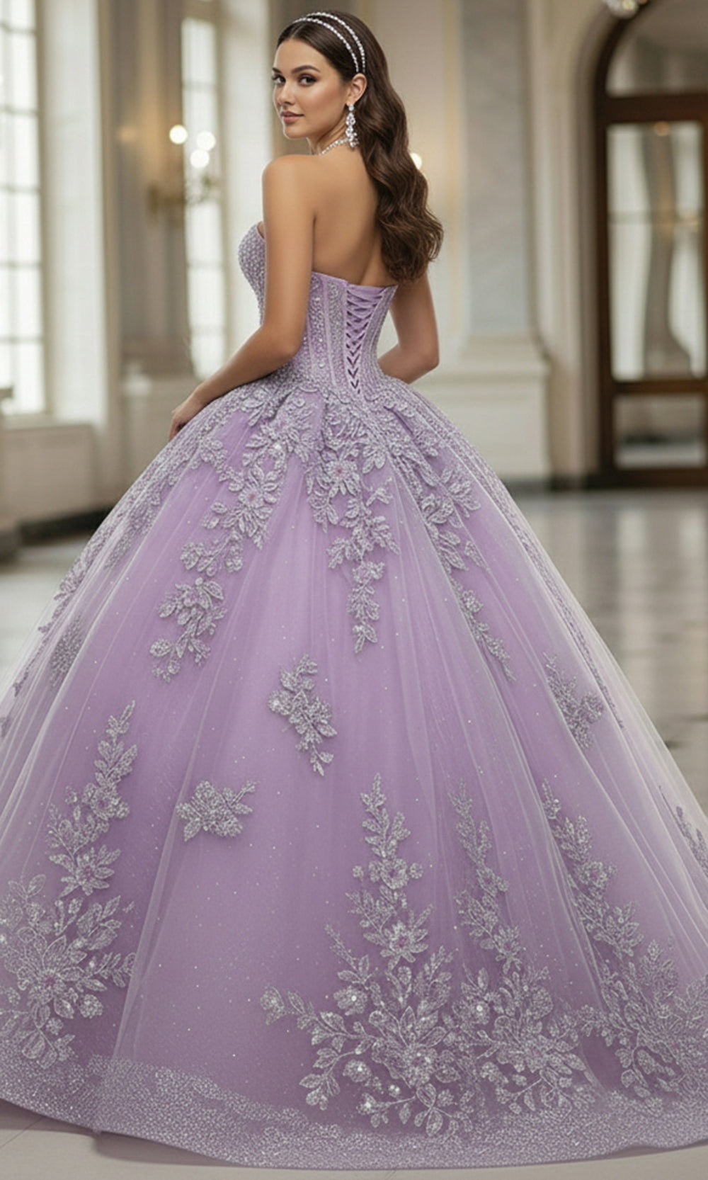 Jovani Q43432 - Glitter Tulle Floral Lace Ballgown - detail view