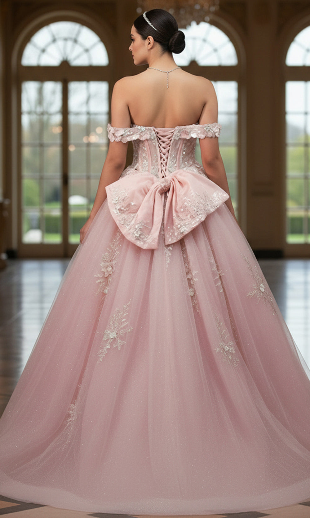 Jovani Q43434 - Off Shoulder Lace Applique Ballgown - detail view