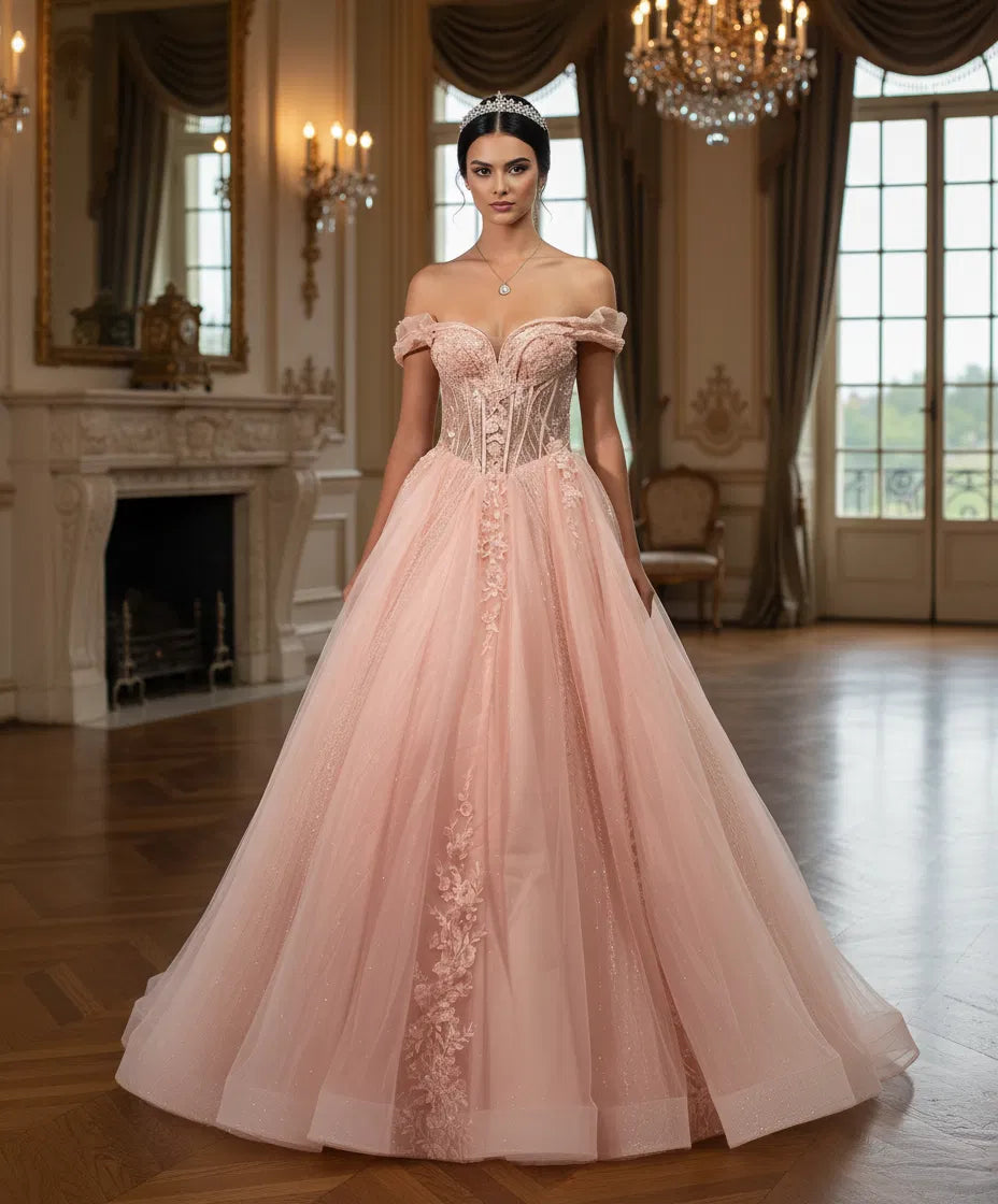 Jovani Q44558 - Off Shoulder Lace Corset Ballgown - designer quinceanera gown at Silhouette Dresses