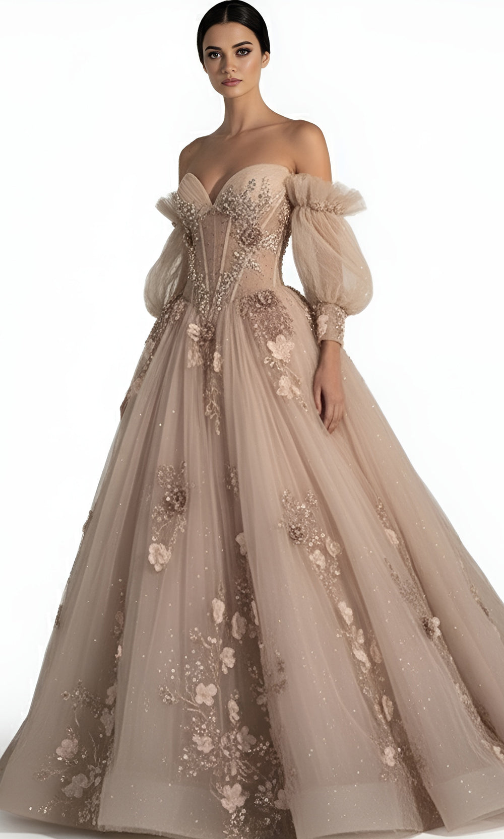 Jovani Q46662 - Off Shoulder Puff Sleeve Applique Ballgown - back view