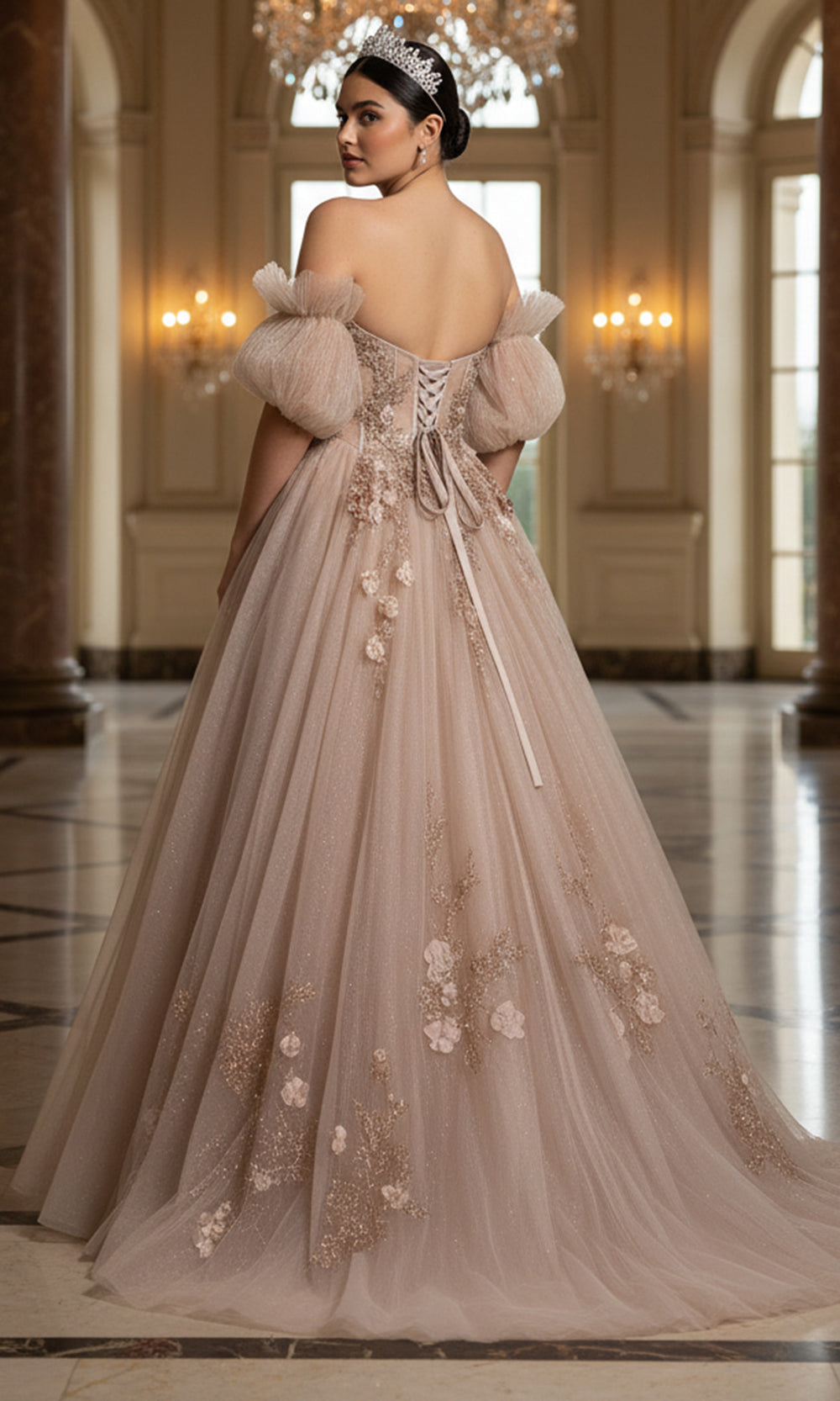 Jovani Q46662 - Off Shoulder Puff Sleeve Applique Ballgown - view 6