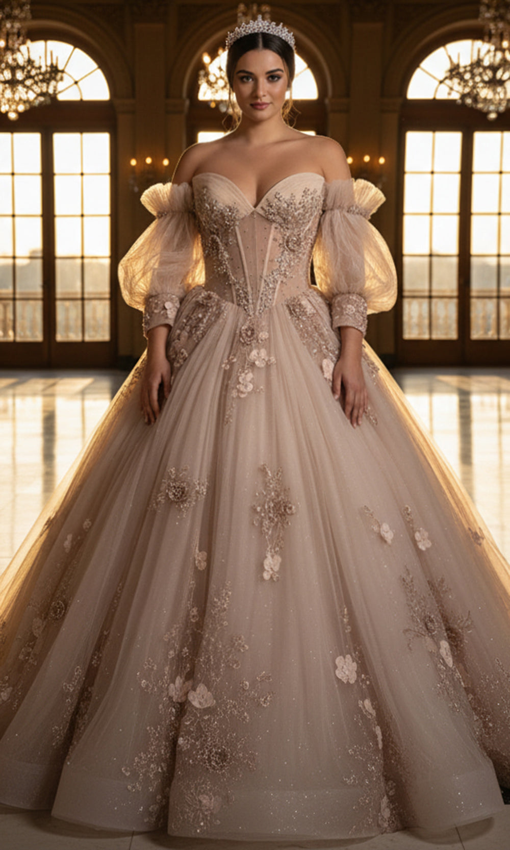 Jovani Q46662 - Off Shoulder Puff Sleeve Applique Ballgown - view 5