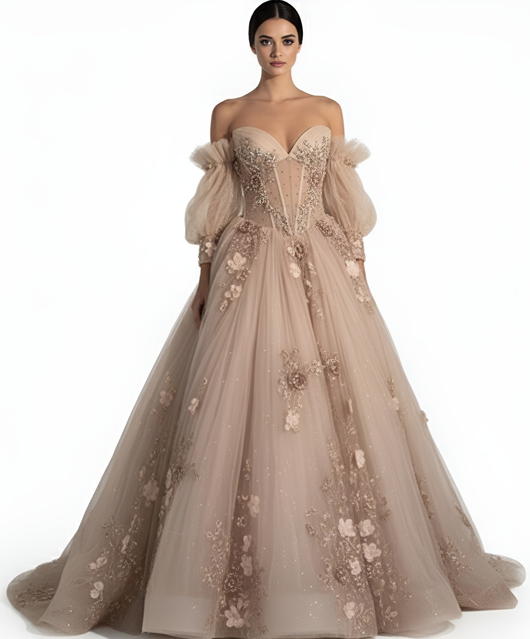 Jovani Q46662 - Off Shoulder Puff Sleeve Applique Ballgown - view 7