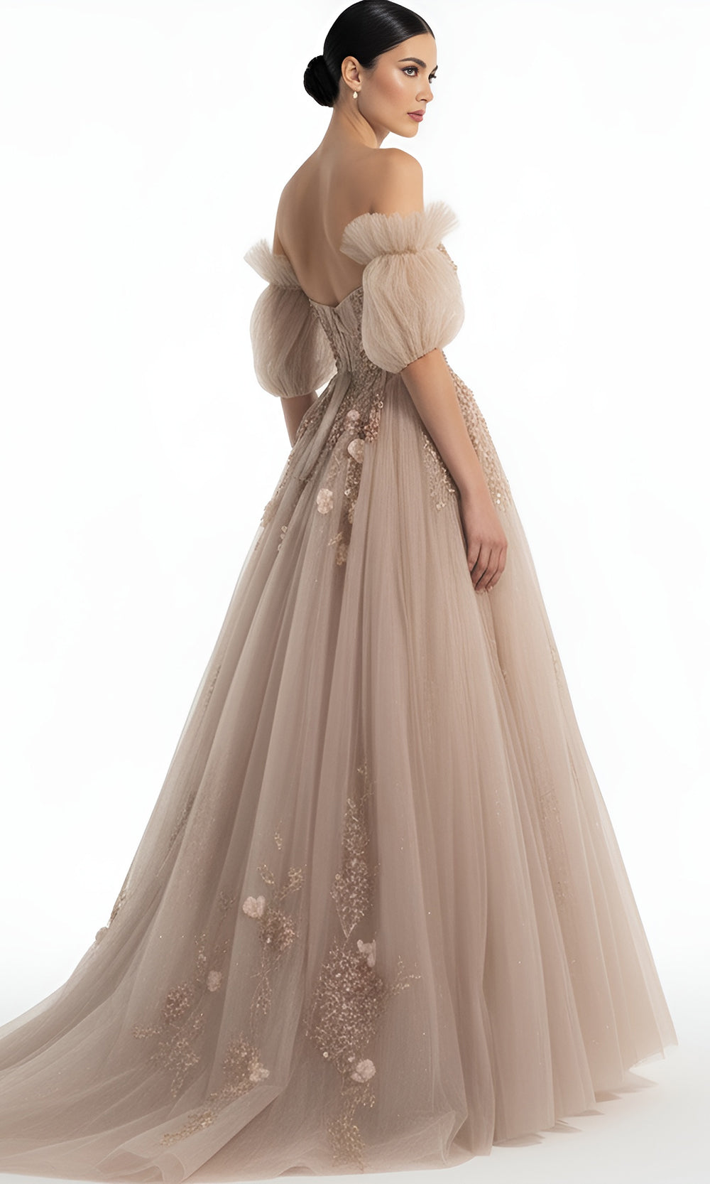 Jovani Q46662 - Off Shoulder Puff Sleeve Applique Ballgown - detail view