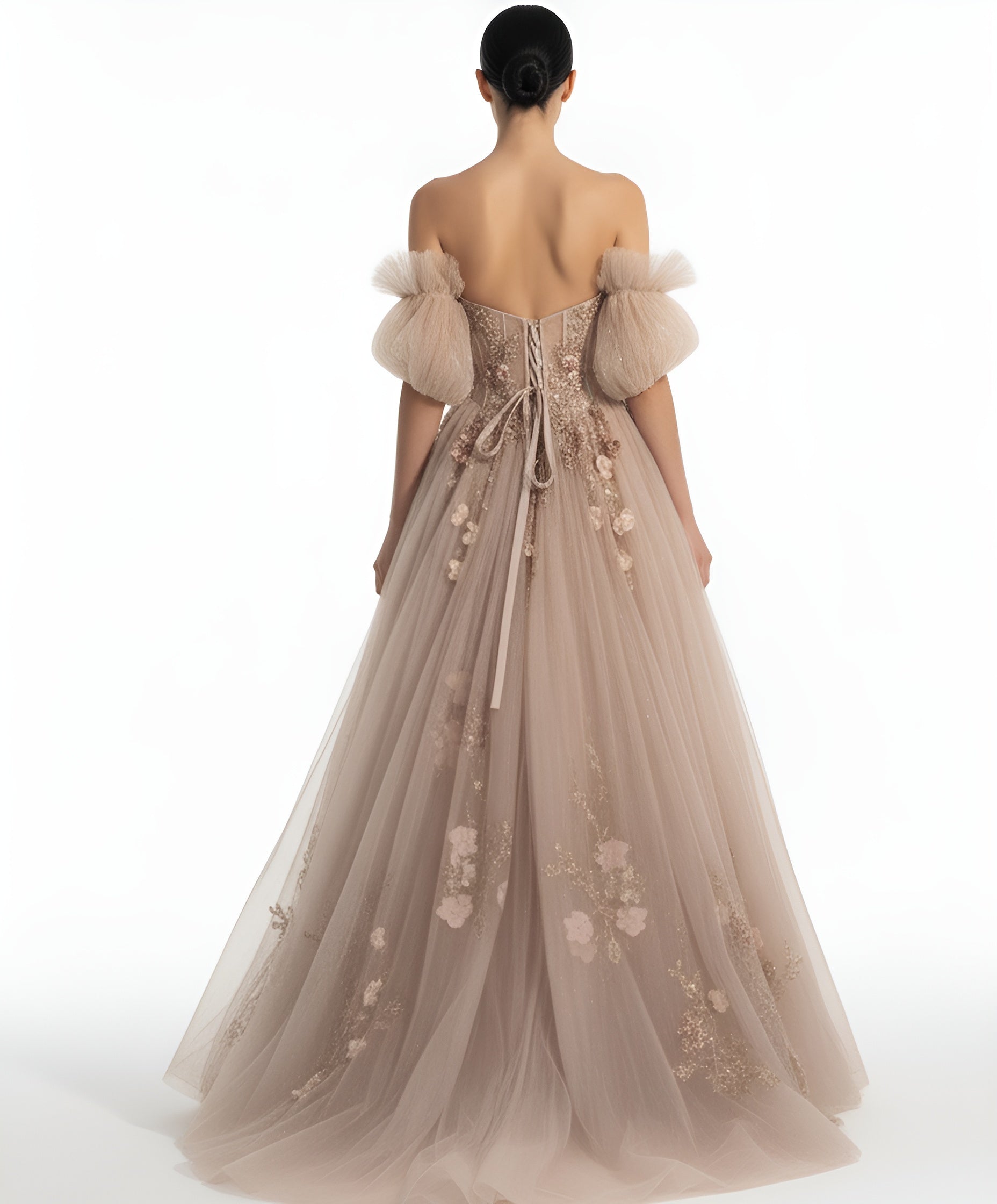 Jovani Q46662 - Off Shoulder Puff Sleeve Applique Ballgown - view 8