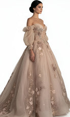 Jovani Q46662 - Off Shoulder Puff Sleeve Applique Ballgown - view 4