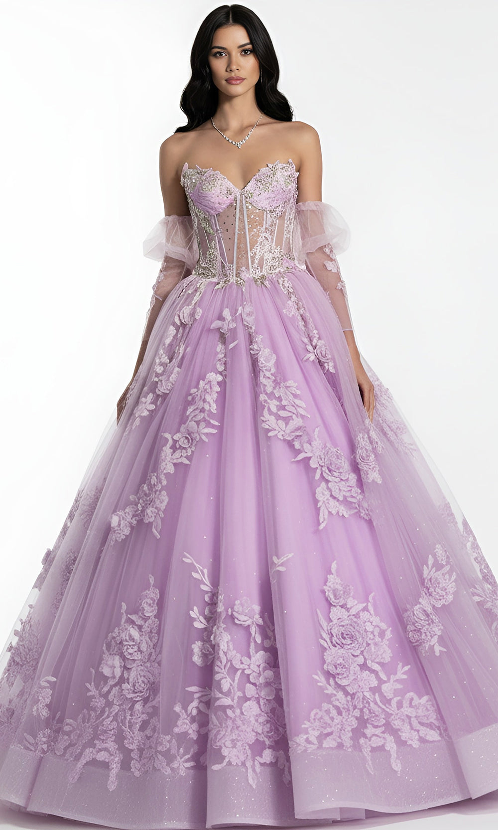 Jovani Q46664 - Sheer Corset Floral Lace Ballgown - back view