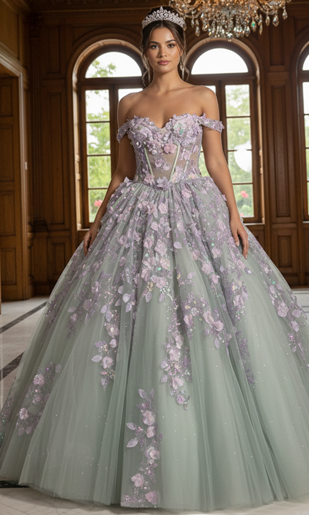 Jovani Q46665 - 3D Floral Off Shoulder Quince Gown - detail view