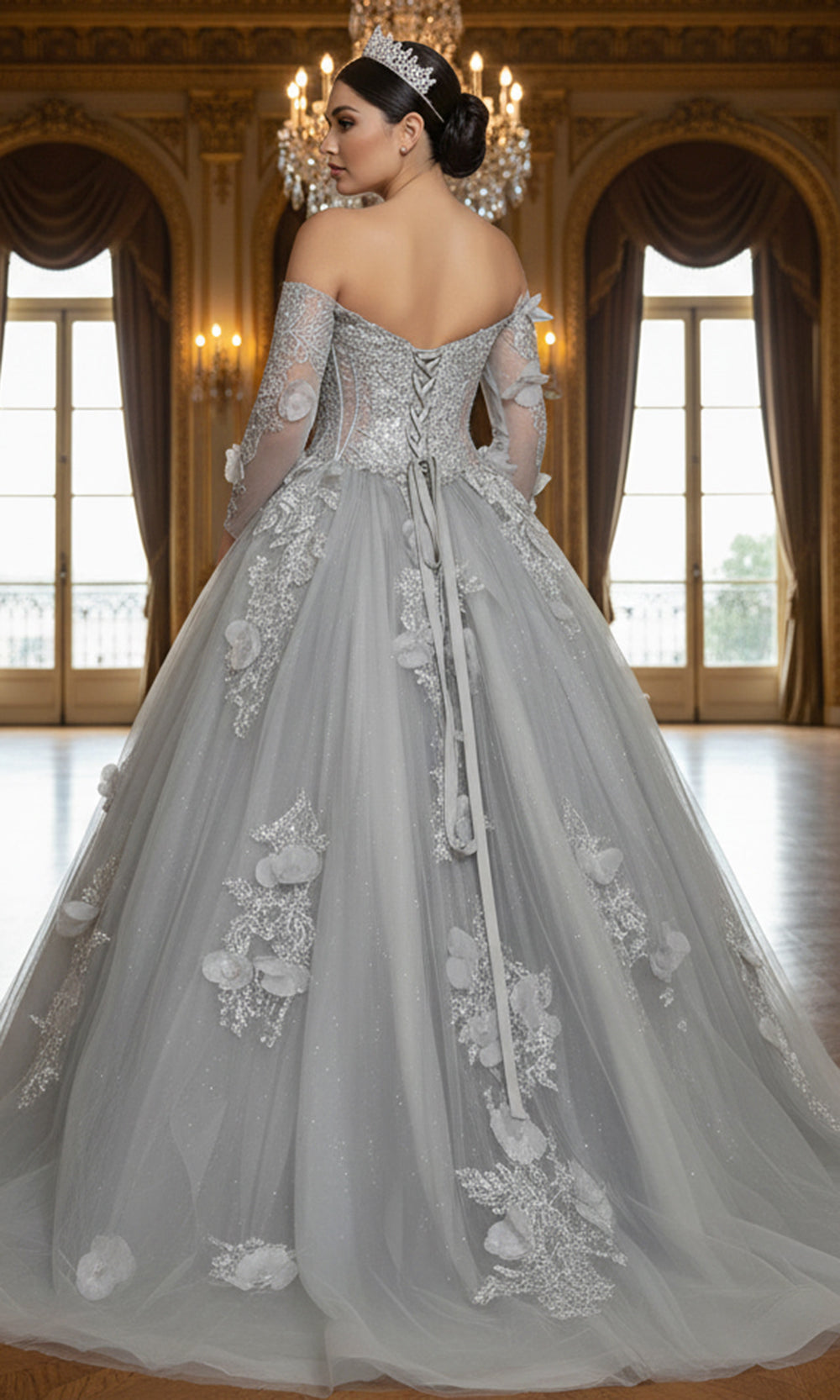 Jovani Q46666 - Sheer Corset Lace Sleeve Ballgown - detail view