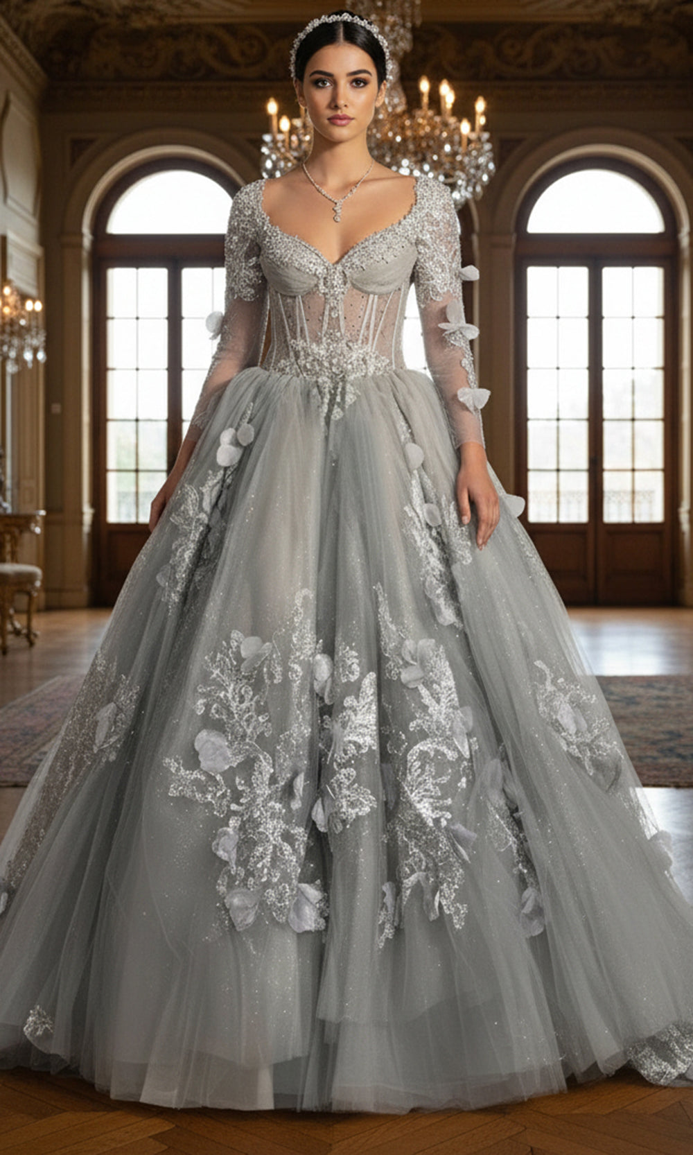 Jovani Q46666 - Sheer Corset Lace Sleeve Ballgown - back view