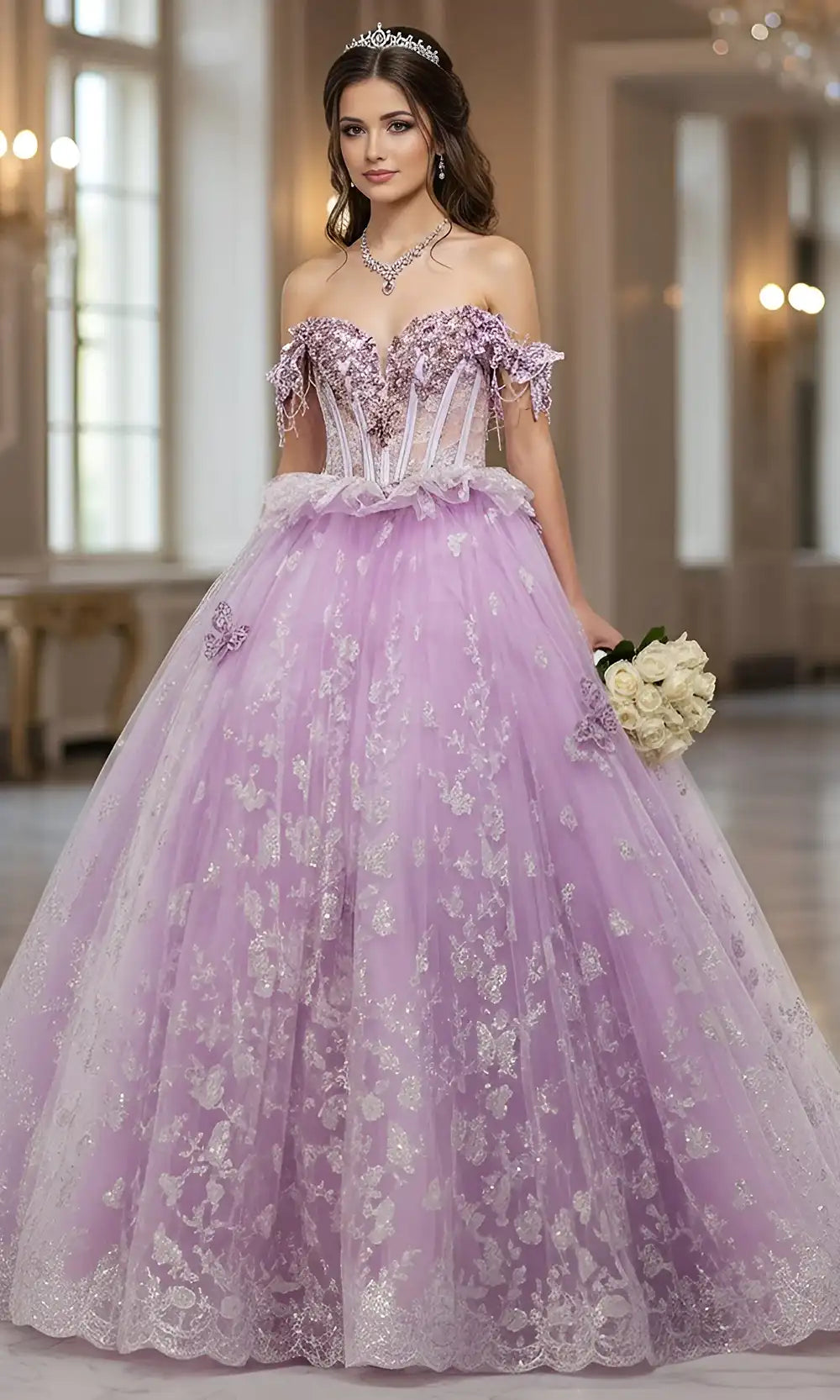 Jovani Q48441 - Off Shoulder Ballgown with Scallop Hem - designer quinceanera gown at Silhouette Dresses