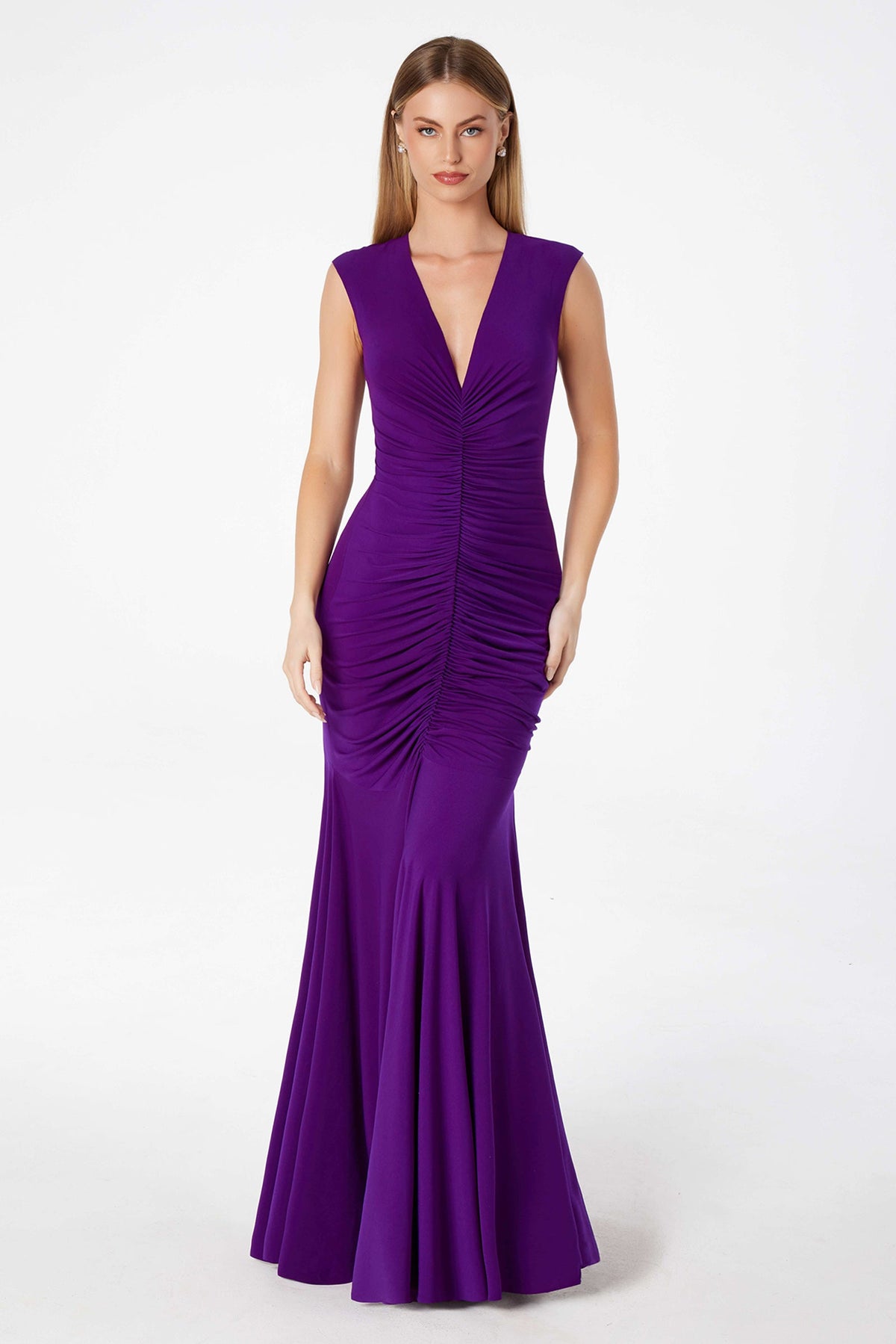 Ladivine T2009 - V Neck Ruched Mermaid Gown