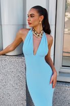 Ladivine T505 - Deep V Neck Halter Fitted Gown