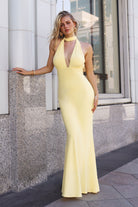 Ladivine T505 - Deep V Neck Halter Fitted Gown