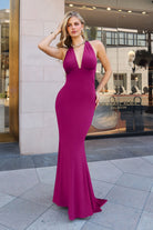 Ladivine T505 - Deep V Neck Halter Fitted Gown