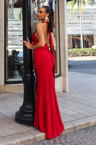 Ladivine T505 - Deep V Neck Halter Fitted Gown