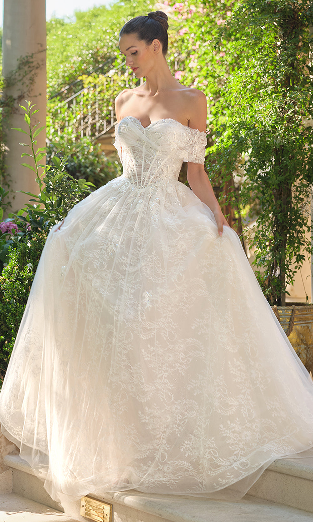 Andrea and Leo WL090 - Off-Shoulder Floral Ball Wedding Dress - detail view