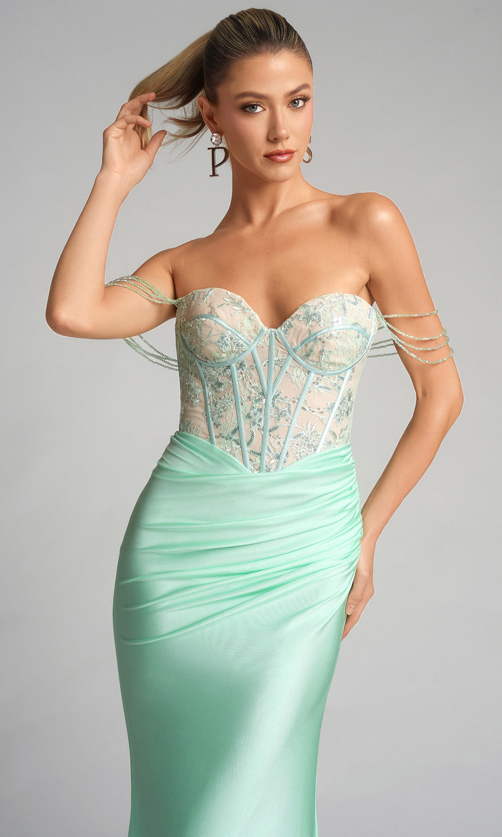 Portia and Scarlett XO014 - Draped Strap Embroidered Corset Dress - view 4