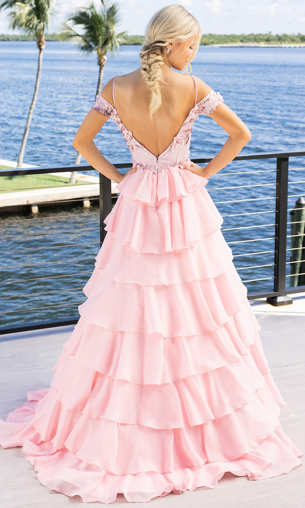 Portia and Scarlett XO171 - Floral Applique Ruffle Tiered Prom Dress - back view
