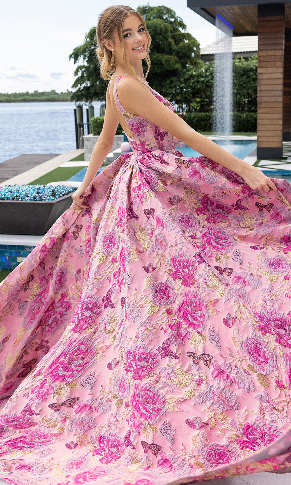Portia and Scarlett XO188 - Square Neckline Floral Print Ballgown - back view
