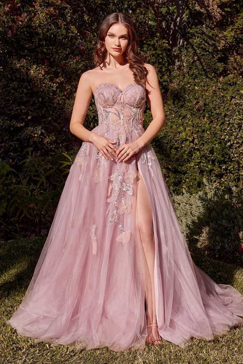Andrea and Leo A1294 - Floral Appliqued Strapless Evening Dress - back view
