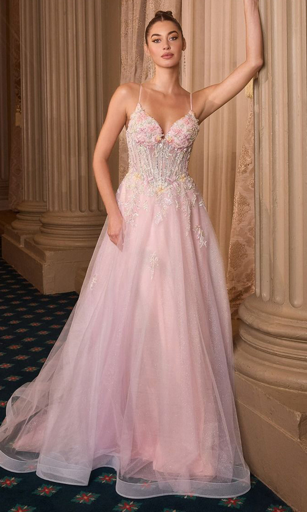 Andrea and Leo A1477 - Embellished Tulle Deep V-Neck Ballgown - detail view