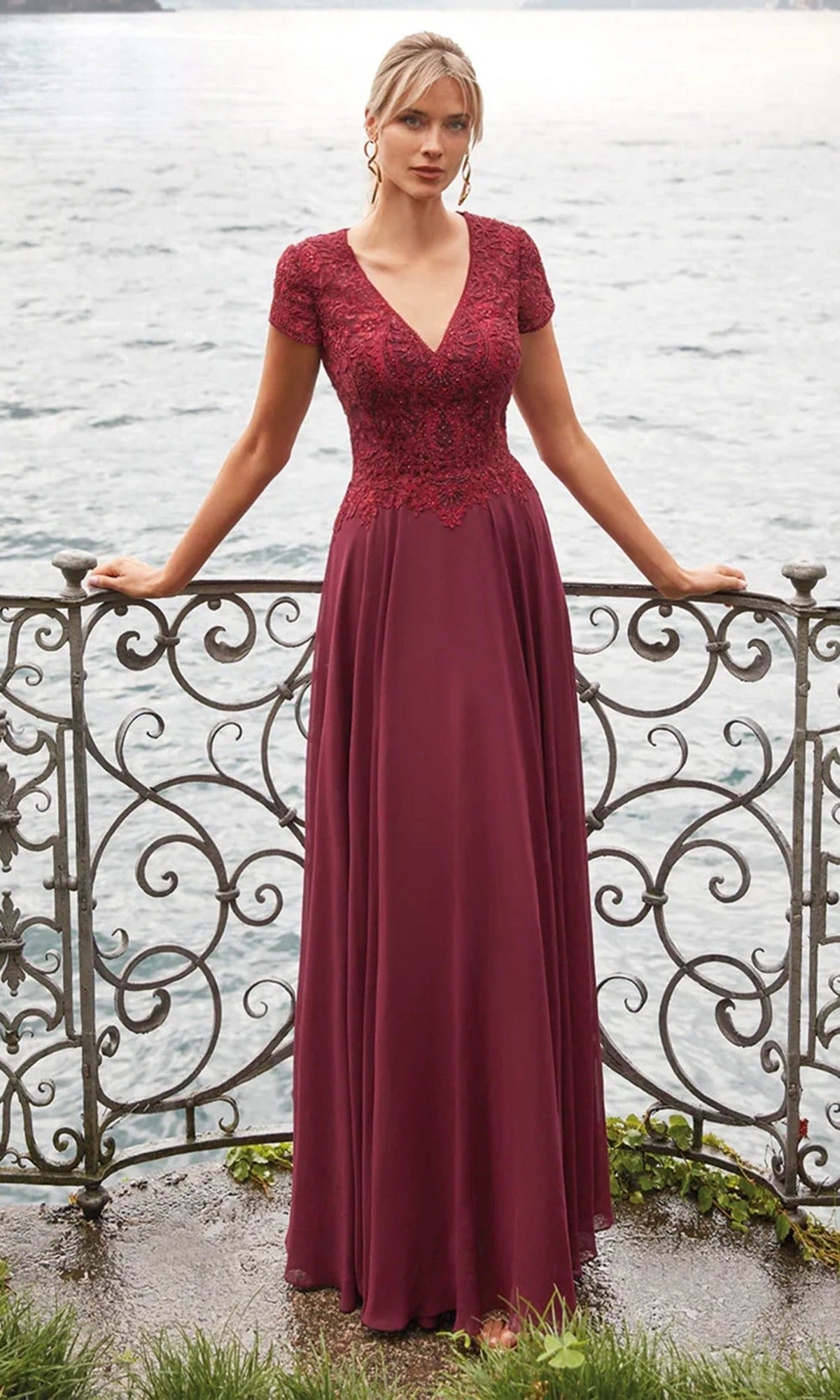 Alyce Paris 27389 - Lace Appliqued V-Neck Chiffon Gown