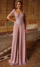 Alyce Paris 27564 - Floral Embroidered Wide V-Neck Jumpsuit
