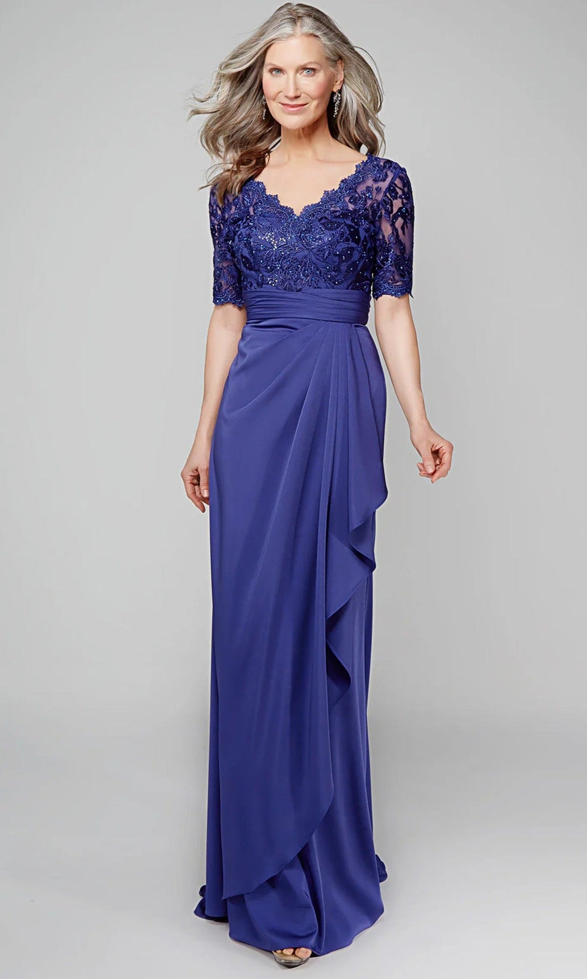 Alyce Paris 27595 - Scalloped V-Neck Pleated Waist Formal Dress