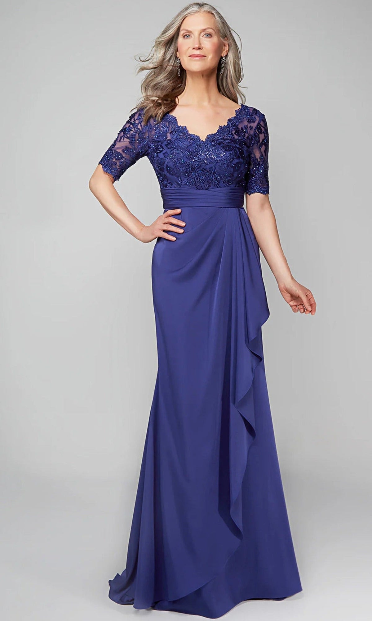 Alyce Paris 27595 - Scalloped V-Neck Pleated Waist Formal Dress