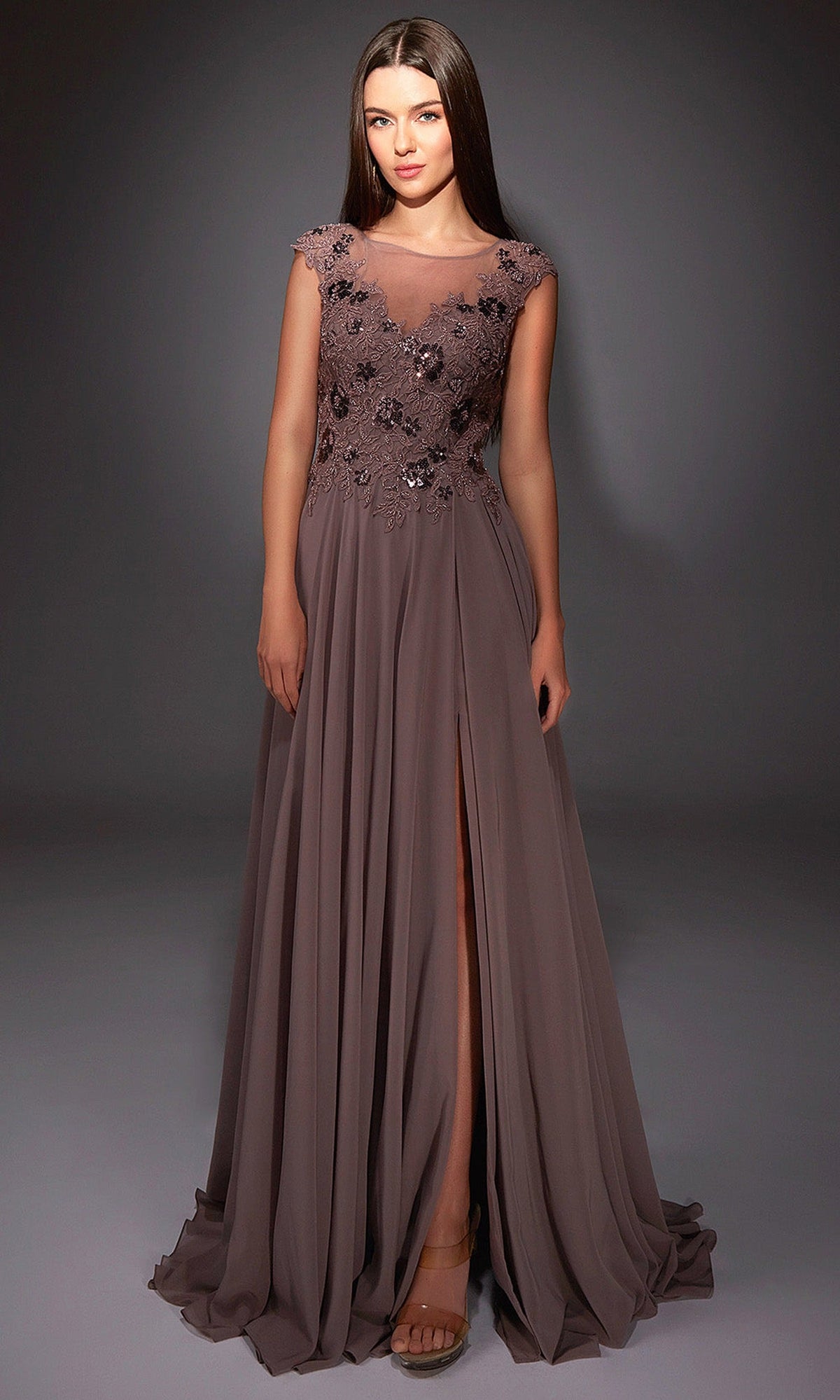 Alyce Paris 27842 - Lace Applique Cap Sleeve Chiffon Gown